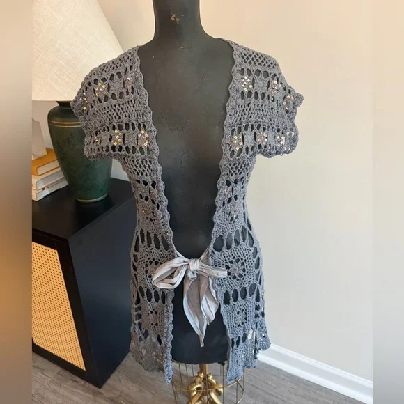 Boston Proper Blue/Gray Sequin Crochet Longline Cardigan (S) Fairy Grunge FLAWS - Picture 4 of 17
